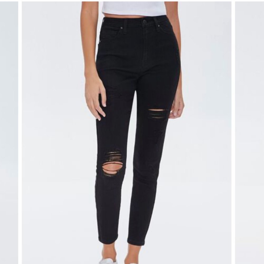 Forever 21 Distressed High-waisted Stretch 5-pocket Curvy Fit Black Skinny Jeans - Picture 2 of 11